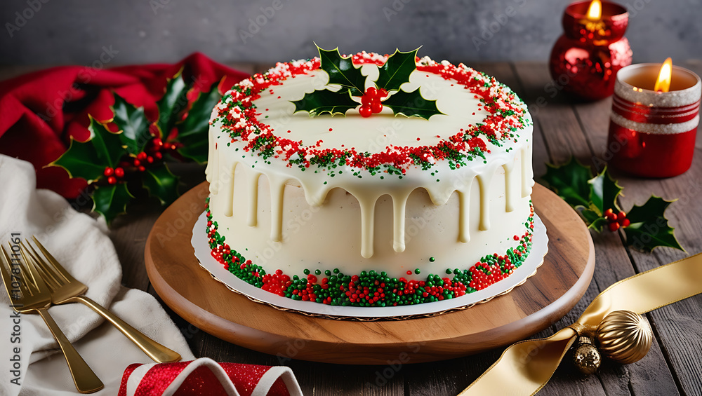 A white chocolate cake decorated with red and green sprinkles and a holly sprig on top. A white chocolate cake decorated with red and green sprinkles and a holly sprig on top.