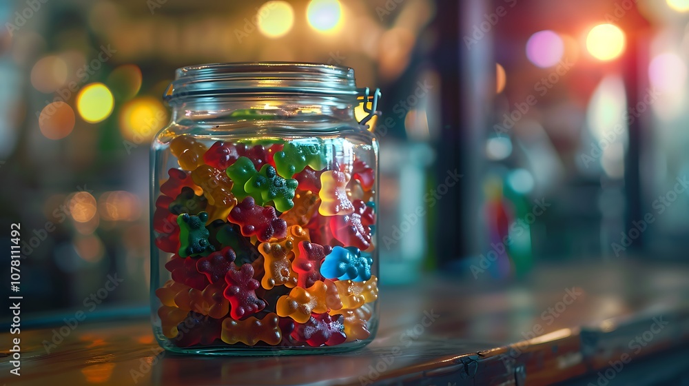 On the dining table a glass jar filled with a rainbow of gummy bears sparkles On the dining table a glass jar filled with a rainbow of gummy bears sparkles