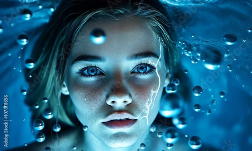 Woman's Face Underwater with Blue Water