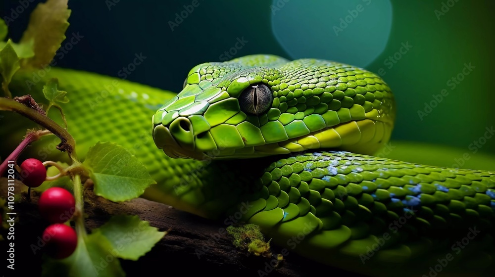 A close-up of a vibrant green snake resting on a branch with blurred background. A close-up of a vibrant green snake resting on a branch with blurred background.