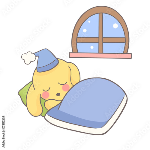 cartoon dog sleeping on pillow in winter