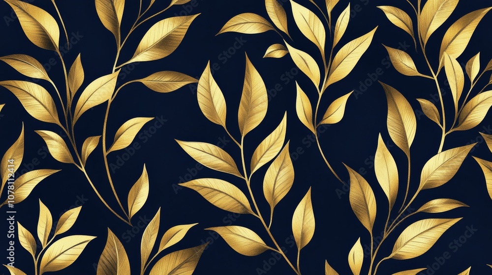 Fototapeta premium Golden botanical leaves on dark background