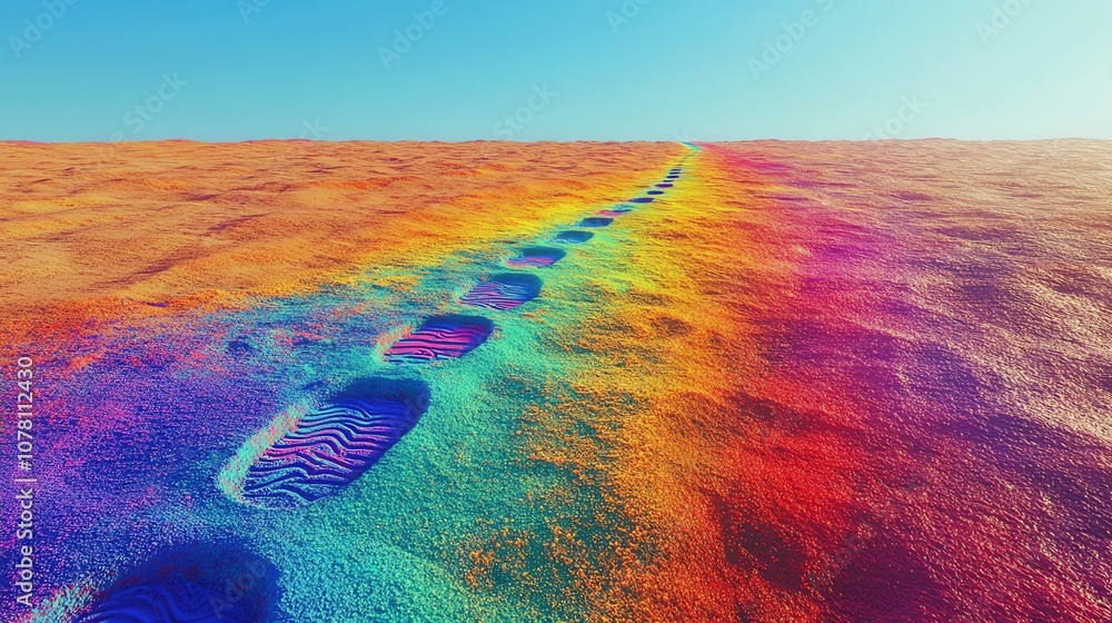 Obraz premium Footprints on a colorful desert sand with a rainbow leading to the horizon.