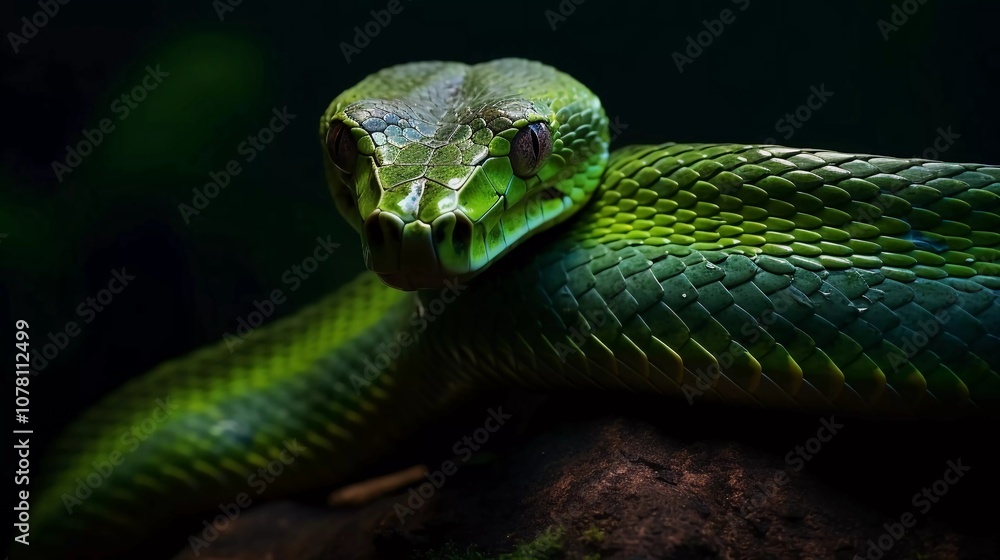 A close-up of a vibrant green snake resting on a rock in a dark environment. A close-up of a vibrant green snake resting on a rock in a dark environment.
