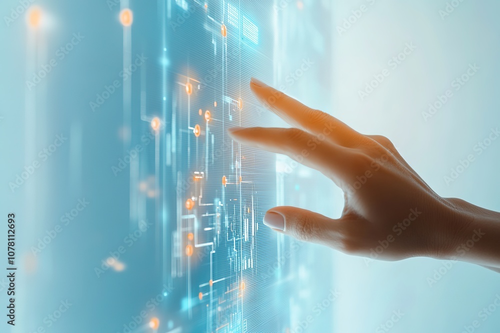 Hand interacting with futuristic digital interface Hand interacting with futuristic digital interface