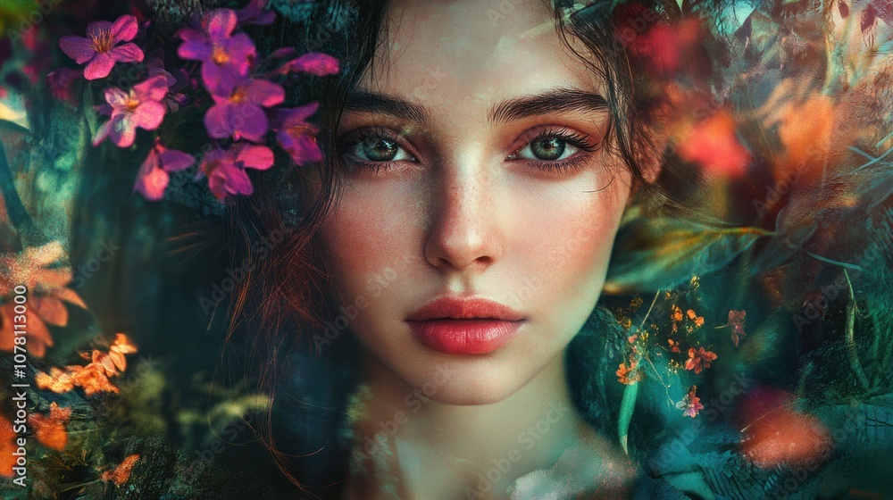 A close-up of a woman's face surrounded by vibrant flowers and foliage. A close-up of a woman's face surrounded by vibrant flowers and foliage.
