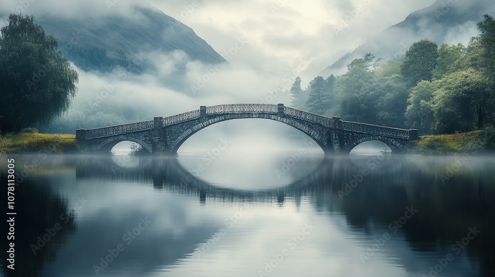 A stone arch bridge spans a tranquil lake, shrouded in mist and surrounded by lush greenery, creating a serene and picturesque scene. A stone arch bridge spans a tranquil lake, shrouded in mist and surrounded by lush greenery, creating a serene and picturesque scene.