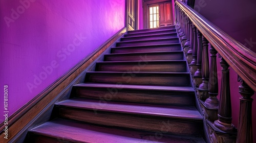 A staircase illuminated with purple light, leading to a doorway at the top.