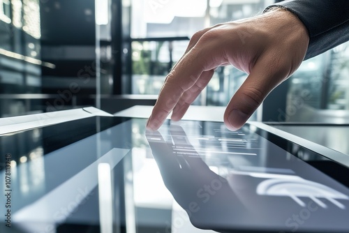 Hand interacting with futuristic touchscreen interface