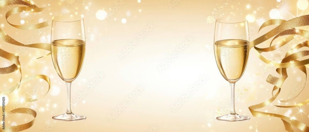 A banner with two wine glasses and gold ribbons A banner with two wine glasses and gold ribbons