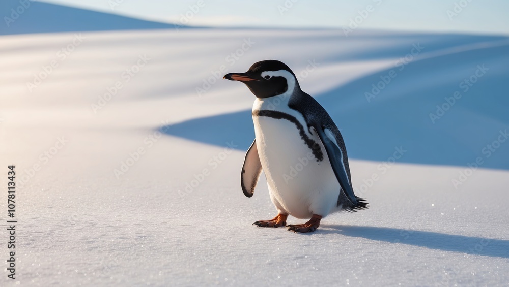 Obraz premium A curious penguin waddling across a snow-covered landscape in soft winter light. Created with Generative AI Technology