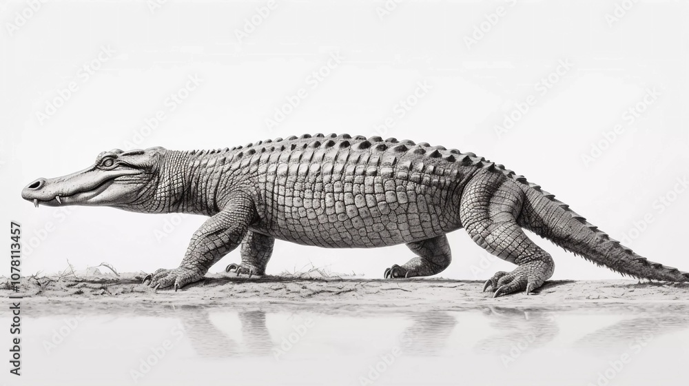 A detailed black-and-white illustration of a prehistoric crocodile-like creature. A detailed black-and-white illustration of a prehistoric crocodile-like creature.