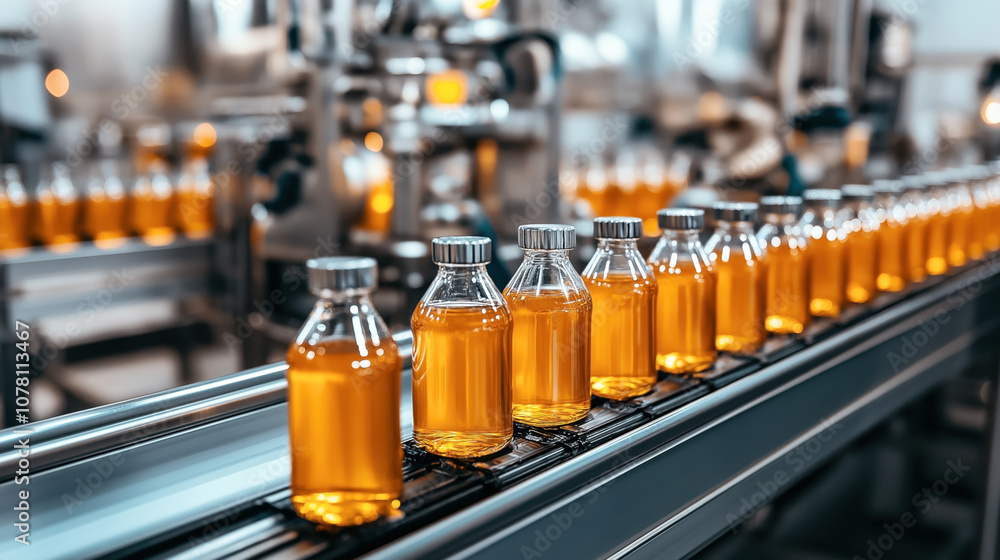 Assembly line with rows of orange liquid-filled bottles with silver caps in a modern beverage factory setting Assembly line with rows of orange liquid-filled bottles with silver caps in a modern beverage factory setting