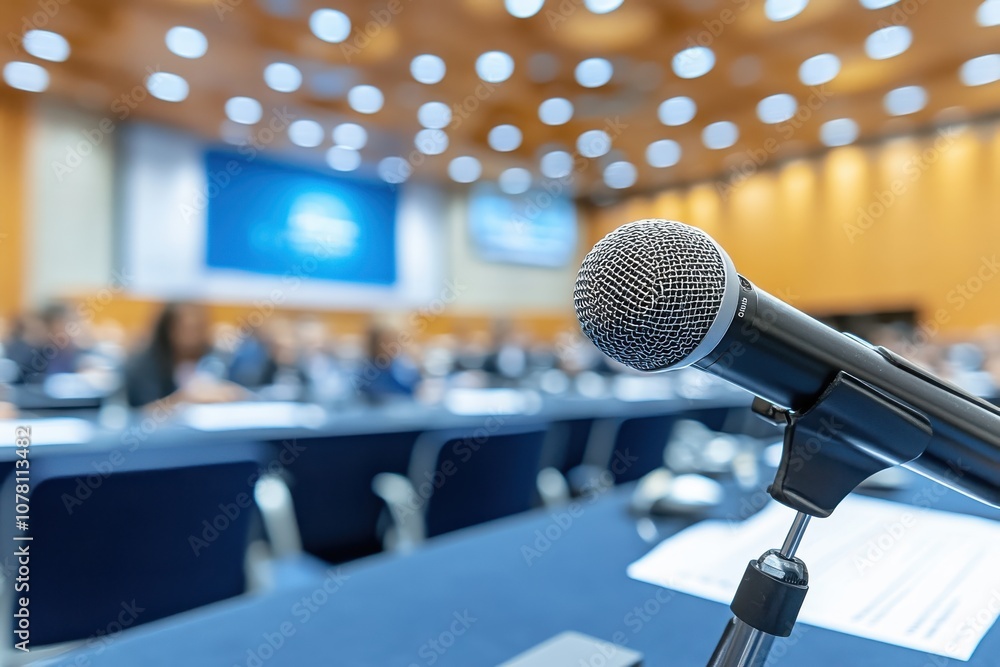 Close up of microphone with blurred speaker, focus on anticipation before speech, electrifying atmosphere, surreal, composite, bustling conference room backdrop Close up of microphone with blurred speaker, focus on anticipation before speech, electrifying atmosphere, surreal, composite, bustling conference room backdrop