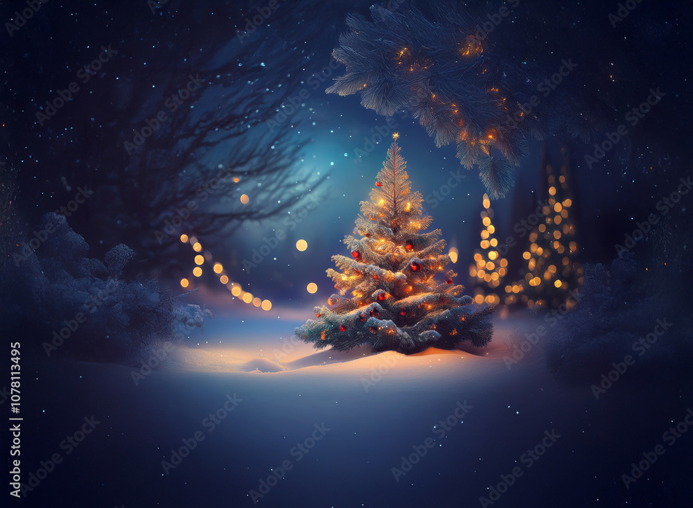 A snowy winter forest scene with a decorated Christmas tree illuminated by warm lights. A snowy winter forest scene with a decorated Christmas tree illuminated by warm lights.