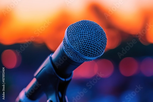 Microphone in speaker's hand, close up, focus on public engagement, persuasive delivery, ethereal, composite, dimly lit stage backdrop photo