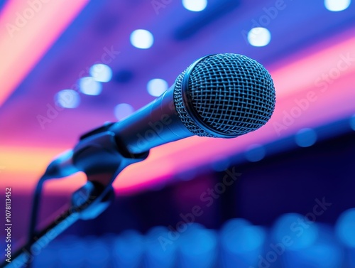 Blurry stage with the speaker s microphone in clear focus, abstract colors surrounding, public speaking, close up, persuasive theme, surreal, overlay, cultural event backdrop photo