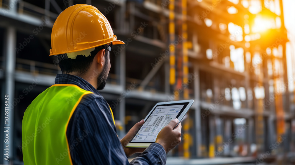 Architect reviewing safety compliance data on a digital tablet for a buildingâs structure, various stats and safety indicators visible on screen Architect reviewing safety compliance data on a digital tablet for a buildingâs structure, various stats and safety indicators visible on screen