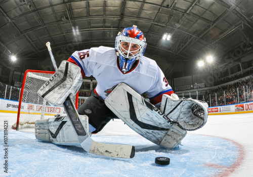 Intense ice hockey match scene with focused goalie in action