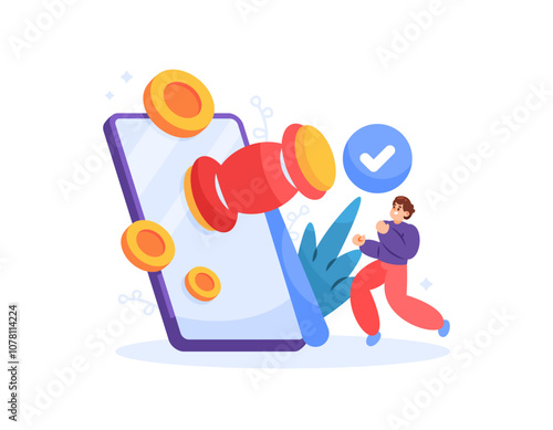 online or digital auction concept. mobile application or software for auction. pawnshop and business. illustration of a man with smartphone and hammer. flat style design. elements
