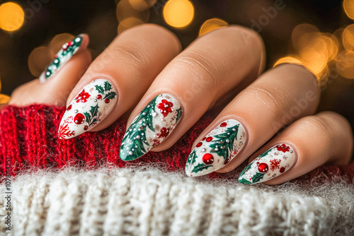 Elegant christmas nail art design featuring festive holiday patterns and colors