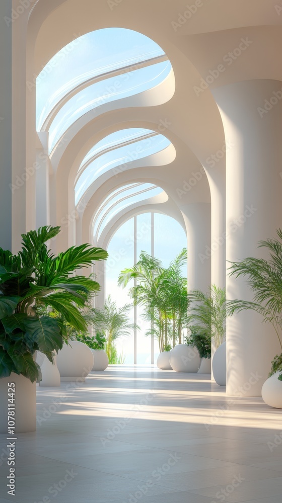 Bright modern interior hallway with large windows and lush greenery in a relaxing space during daylight hours Bright modern interior hallway with large windows and lush greenery in a relaxing space during daylight hours