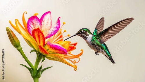 A hummingbird mid-flight around a blooming, vibrant flower. Created with Generative AI Technology