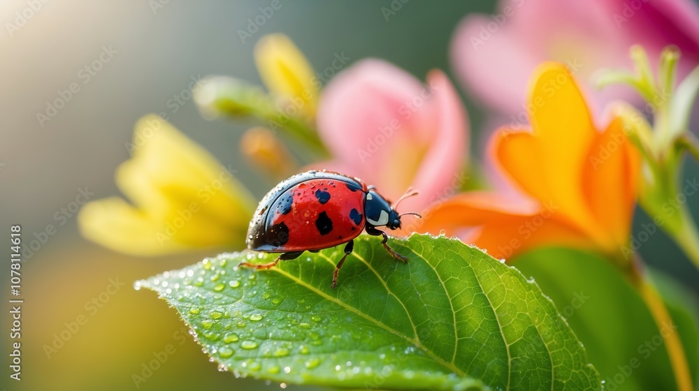 A ladybug on a dewy green leaf, set against a vivid floral background. Created with Generative AI Technology A ladybug on a dewy green leaf, set against a vivid floral background. Created with Generative AI Technology