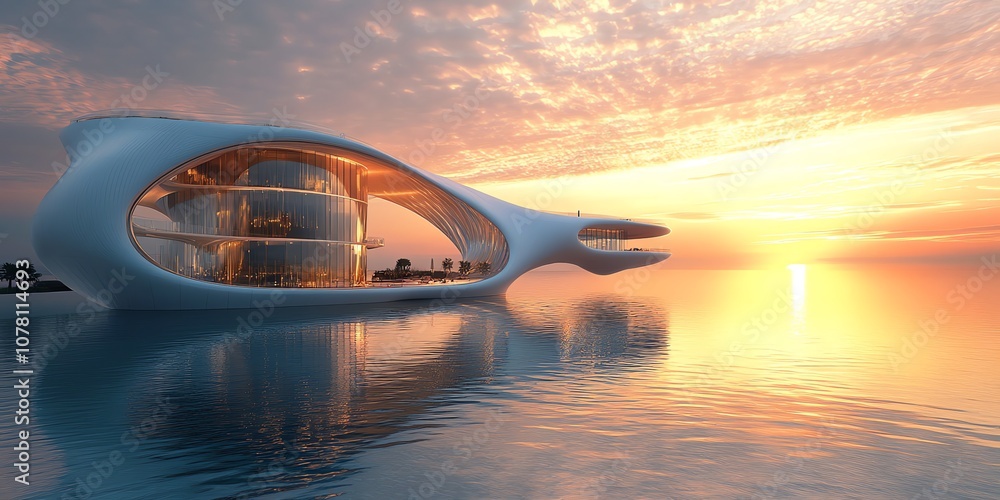 Futuristic building on the water at sunset. Futuristic building on the water at sunset.