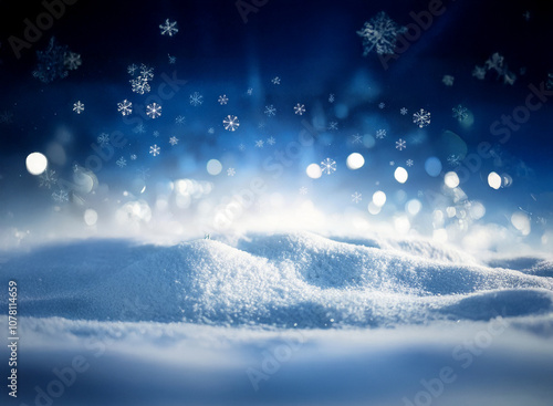 A snowy landscape with a blue sky and falling snow. photo