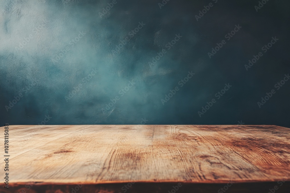 Rustic wooden table top with smoky dark blue background. Rustic wooden table top with smoky dark blue background.