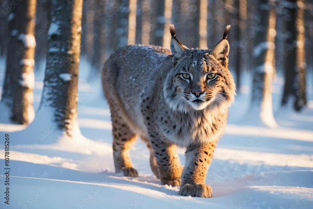 A lynx prowling through a snowy forest with sunlight streaming through the trees. Created with Generative AI Technology A lynx prowling through a snowy forest with sunlight streaming through the trees. Created with Generative AI Technology