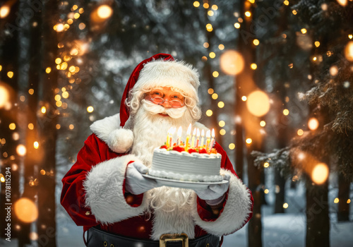 Joyful christmas santa holding cake with candles amidst festive lights in a winter forest