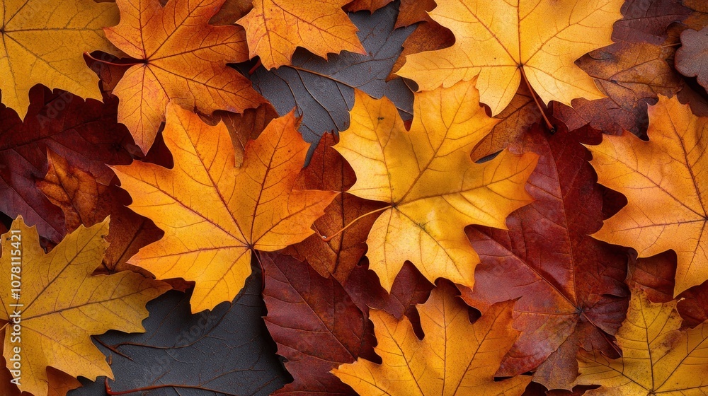 A close-up shot of a collection of autumn leaves in various shades of orange, red and yellow on a dark background. A close-up shot of a collection of autumn leaves in various shades of orange, red and yellow on a dark background.