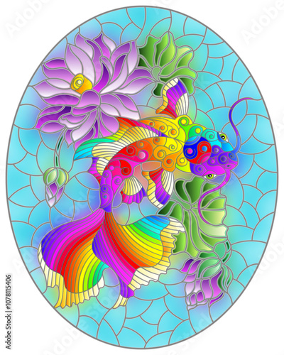 Illustration in stained glass style with a koi carp  on a background of pink lotuses and water