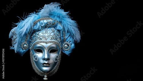 A beautiful Venetian carnival mask adorned with feathers and silver details stands out against a striking black background highlighting its elegance