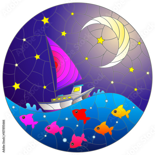 A stained glass illustration with a seascape, a ship against the background of the night sky and water