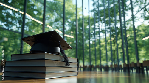 Graduation cap on top of a stack of reference books in a spacious, modern library with large windows letting in natural light, inspiring a future of learning photo