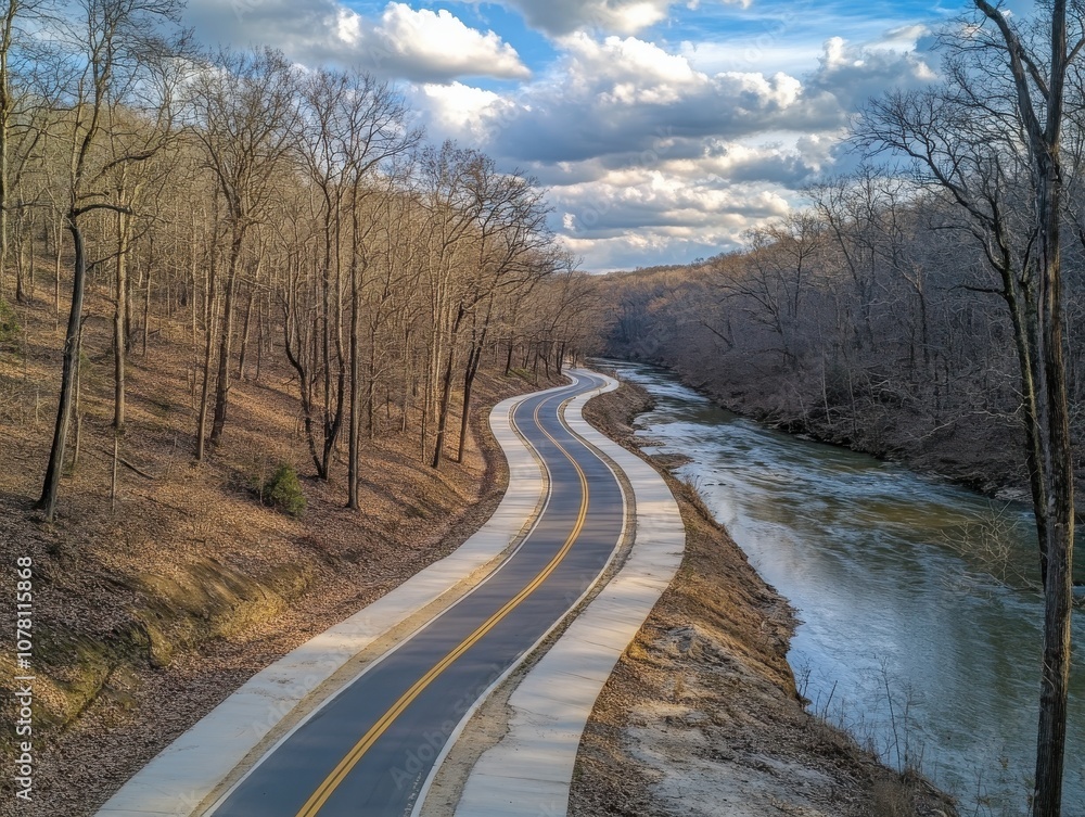 Drone shot of a bike track along a riverbank, empty and peaceful, bird's-eye view, no people, scenic waterway, high resolution stock photo Drone shot of a bike track along a riverbank, empty and peaceful, bird's-eye view, no people, scenic waterway, high resolution stock photo