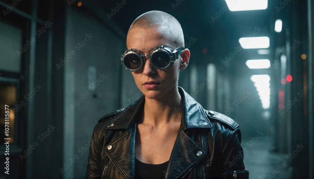 A woman in a leather jacket and goggles walks down a dimly lit hallway A woman in a leather jacket and goggles walks down a dimly lit hallway