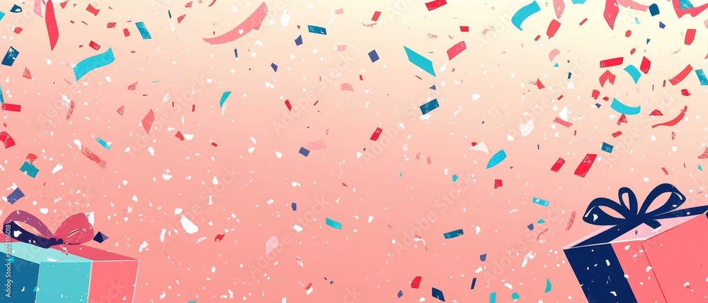 Obraz premium A colorful background with confetti and a box with a bow on it
