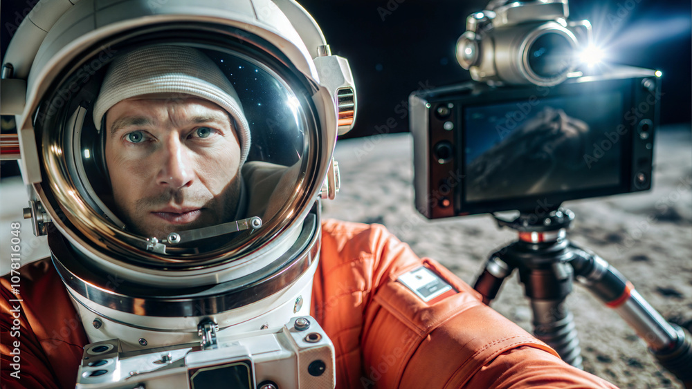 Close-Up Portrait of Astronaut Taking Selfie on the Moon with Camera Setup Close-Up Portrait of Astronaut Taking Selfie on the Moon with Camera Setup