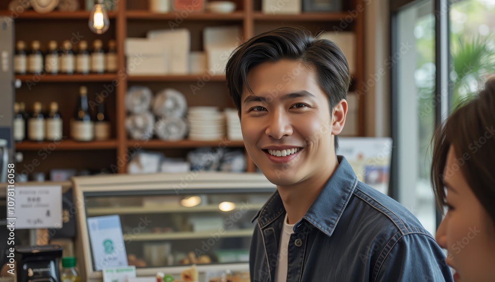 A man smiling in a cafe, enjoying a moment with friends in a cozy atmosphere. A man smiling in a cafe, enjoying a moment with friends in a cozy atmosphere.