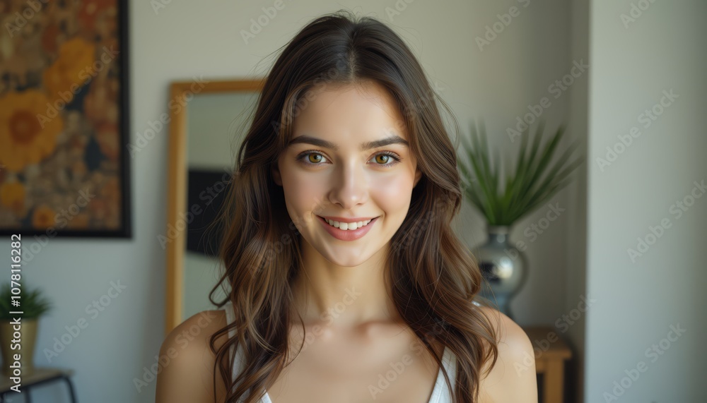 A youthful woman with a warm smile, displaying joy and confidence in a cozy setting. A youthful woman with a warm smile, displaying joy and confidence in a cozy setting.