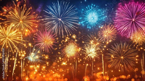 A vibrant display of fireworks explodes in the night sky, creating a colorful and celebratory spectacle.