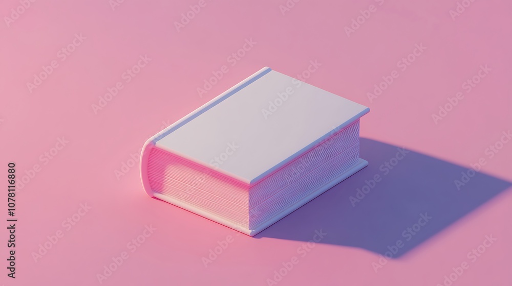A simple, closed book resting on a pink surface, casting a soft shadow. A simple, closed book resting on a pink surface, casting a soft shadow.