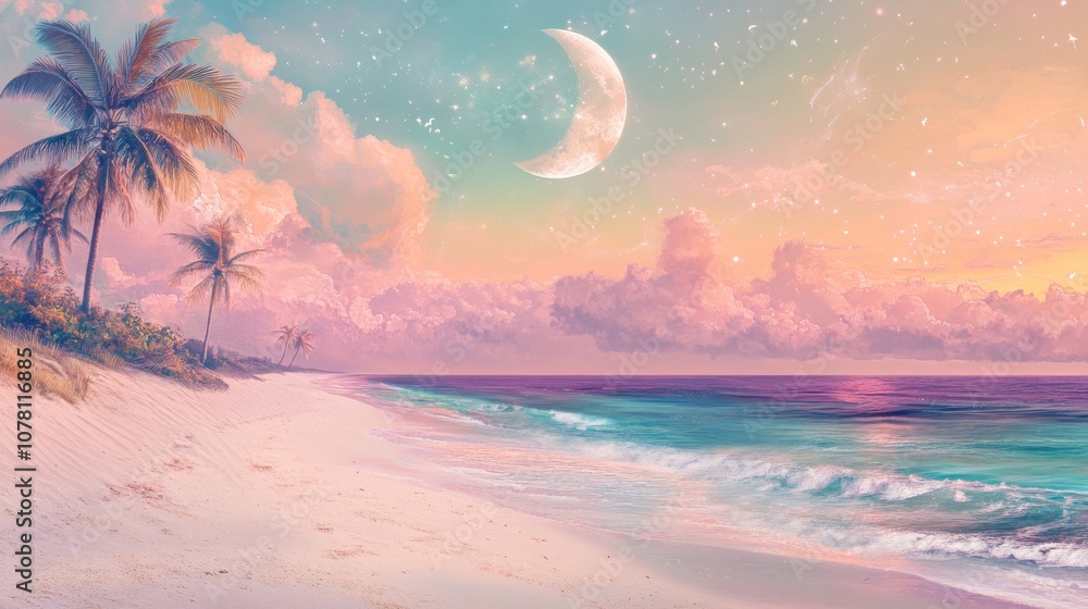 Fototapeta premium A serene beach scene at sunset with palm trees and a crescent moon in a colorful sky.