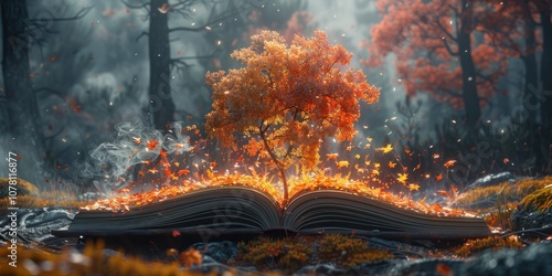 Autumn Tree Sprouting from an Open Book in a Mystical Forest photo