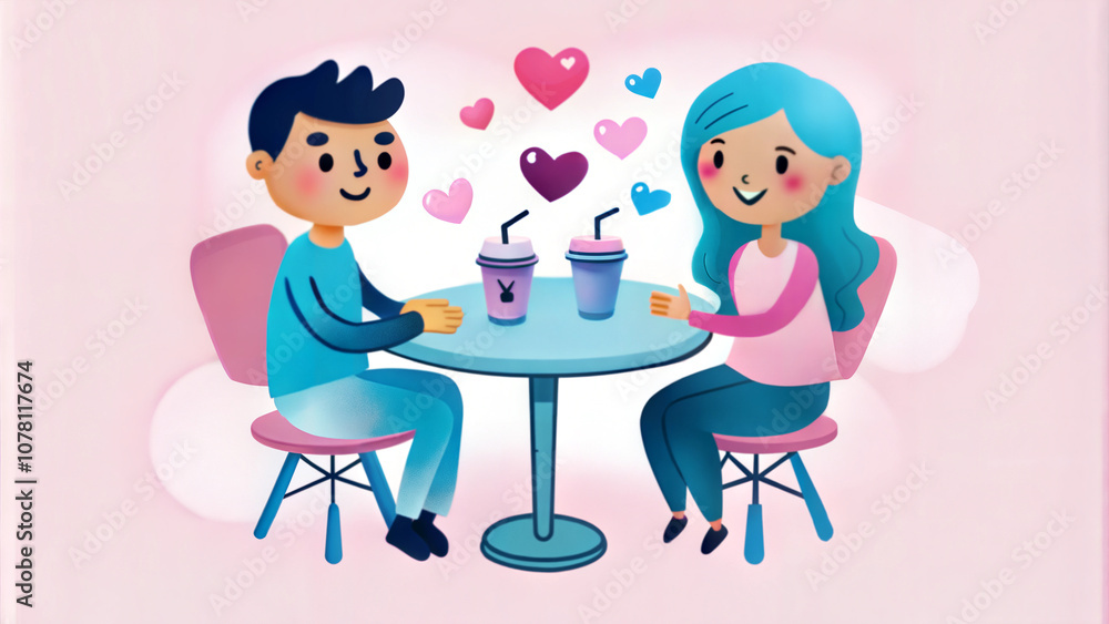 Cute Cartoon Couple on a Coffee Date with Hearts for Valentine’s Day Theme Cute Cartoon Couple on a Coffee Date with Hearts for Valentine’s Day Theme