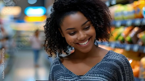 A woman with curly hair smiles while holding a tablet in a grocery store aisle filled with various products.